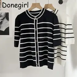 Donegirl 2023 New Women Spring Summer Short Sleeve Striped Printed Single-breasted Knitted Sweater Commute Tops Female Chic