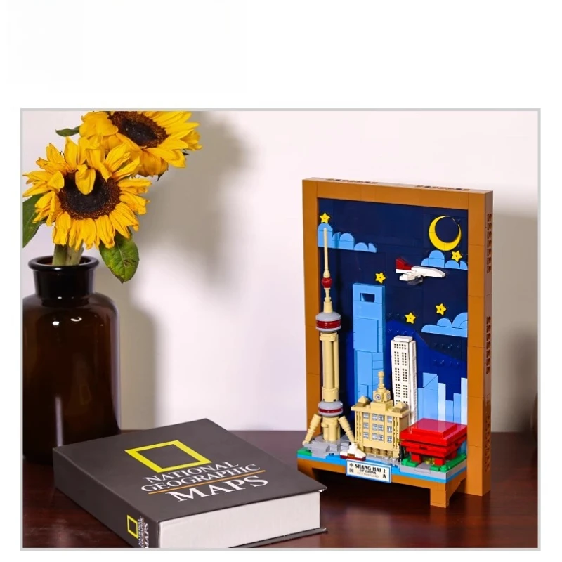 SEMBO 上海市ポストカードビルディングブロック子供向けトレンディプレイ組み立てビルディングデスクトップクリエイティブオーナメントおもちゃギフト