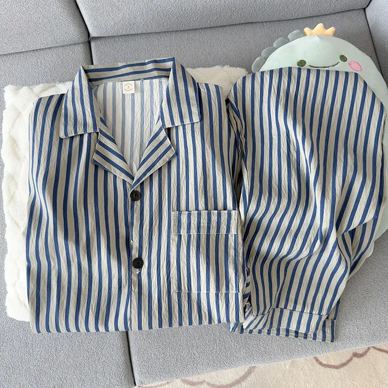 2 Piece Set Sleepwear Men Striped Vintage Pajamas Home Wear Man Nightwear Loungewear Soft Casual Summer 2026 Cool Pajamas Set