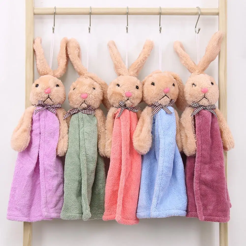 Cartoon Rabbit Design Hanging Hand Towel Quick Dry Strong Water Absorption Dish Towel Microfiber Coral Fleece Cleaning Cloth