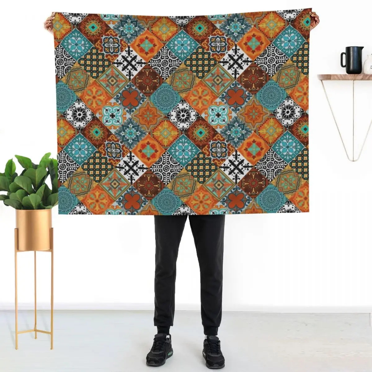 Talavera Tiles rust orange aqua turquoise blue black white Throw Blanket couch cozy soft plush fuzzy picnic outdoor blanket