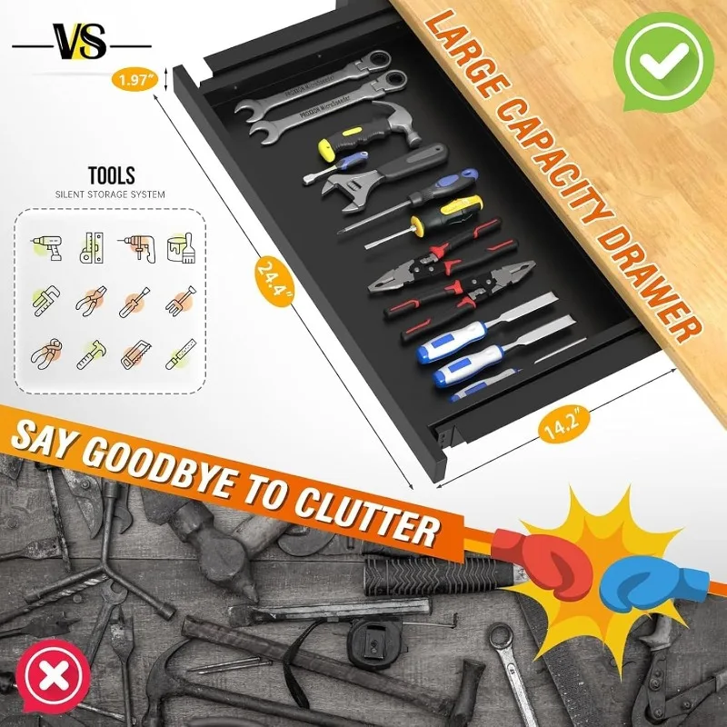48" Work Bench with Drawers, Adjustable Height Workbench with Wheels, Heavy-Duty Work Table with Power Outlets, 2000 LBS Capacit