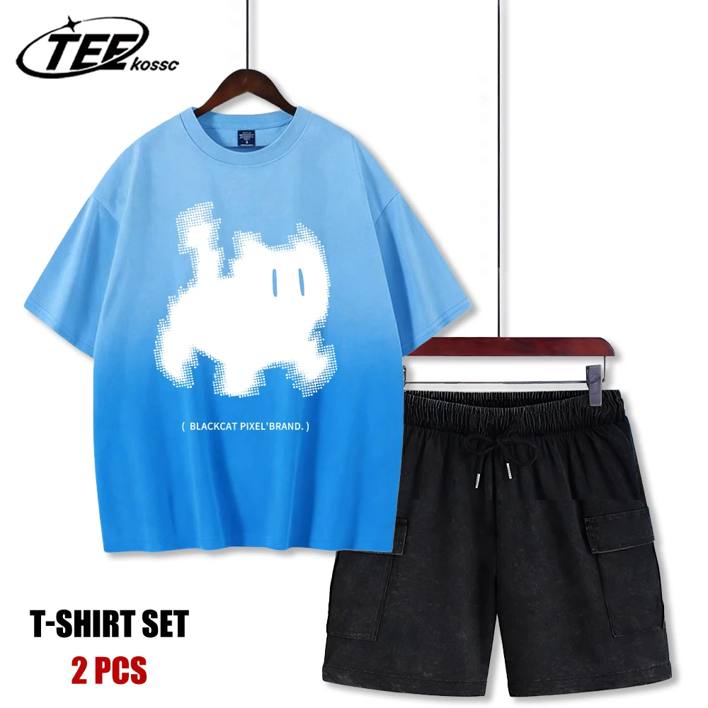 Camiseta de Hombre con Estampado Tie-Dye de un Gato Muy Asustado que Escapa, Camisetas de Algodón de Moda, Ropa Suave Unisex con Cuello Redondo, Conjunto de Verano con Pantalones Cortos