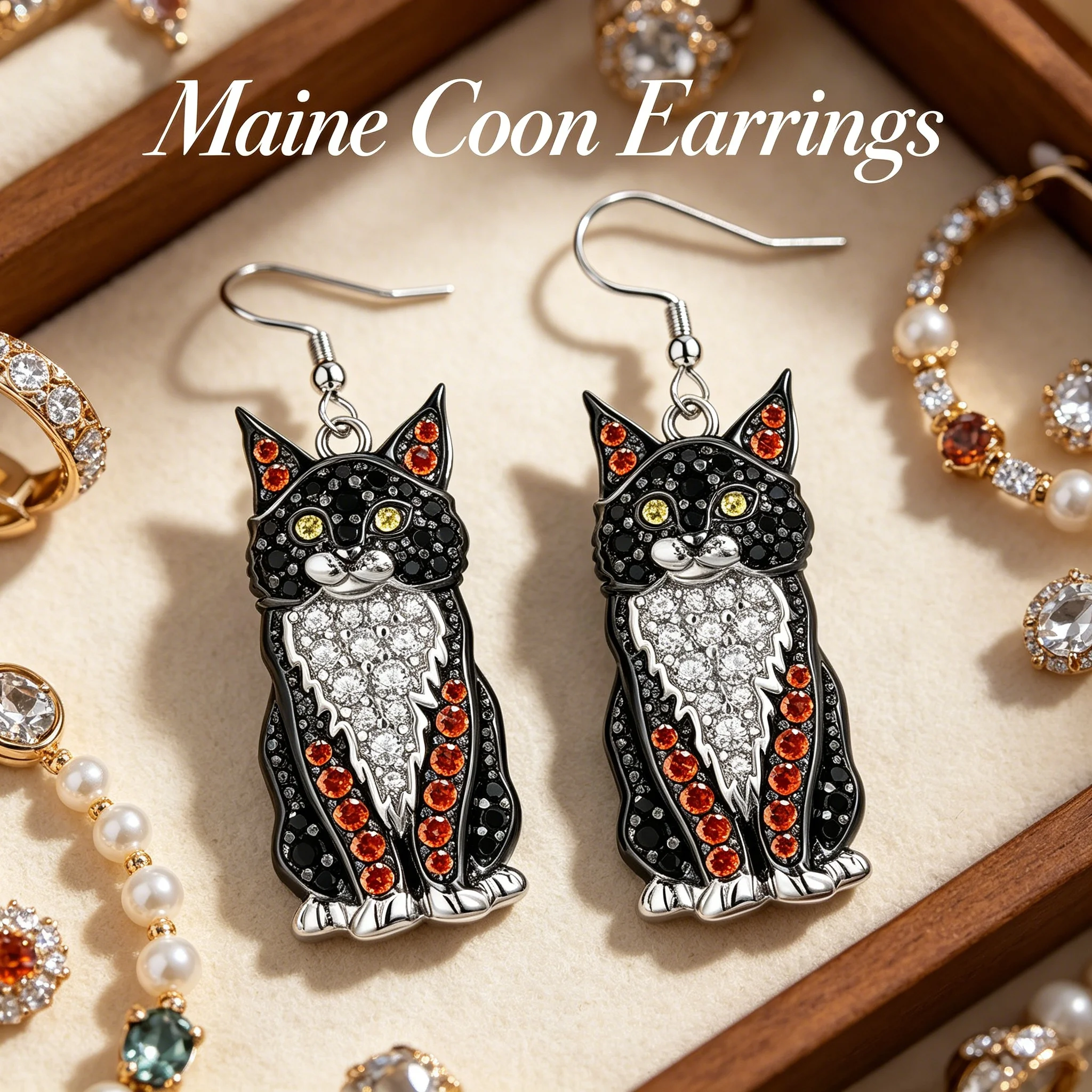 Pendientes Colgantes de Gato Maine Coon de Aleación de Zinc Plateado con Cristales Falsos Naranja y Transparentes, Regalo de Joyería para Amantes de los Gatos