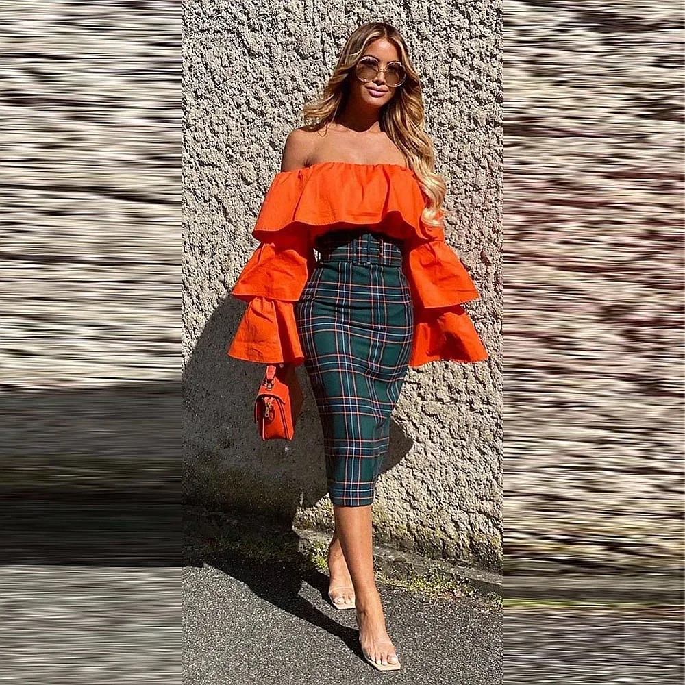 

Orange Short Women Tops Off The Shoulder Tiered Long Sleeves Blouse Female Jacekt Girl Party Tops Without Bottom