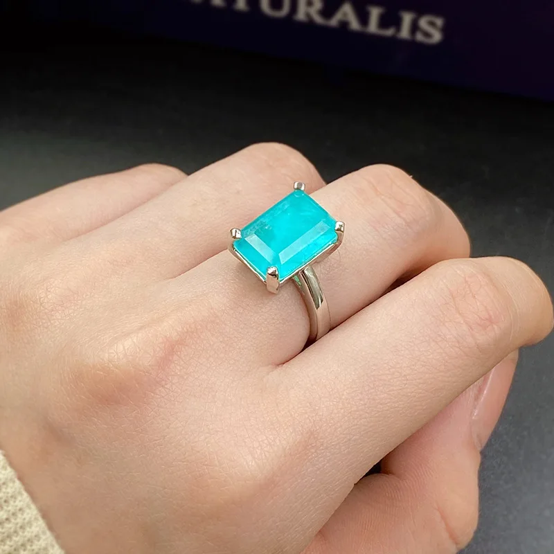 New high-end custom princess 10 carat Square emerald Paraiba ring 10*14 synthetic Paraiba simple women's ring party gift