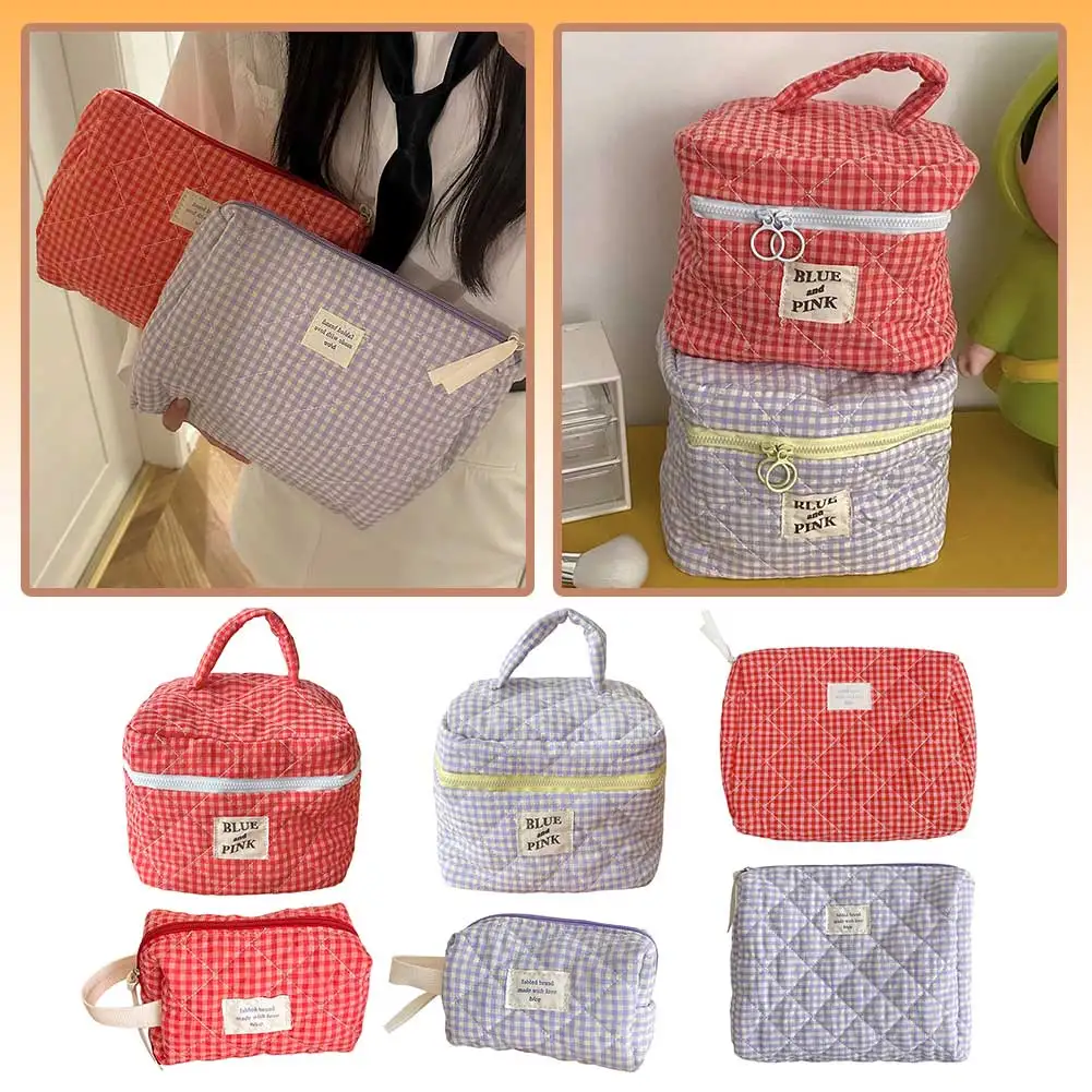 Large Capacity Cotton Makeup Bag Women Checkered Brushes Storage Bag Sweet Cute Travel Toiletry Bag Casual Ladies Soft Organizer