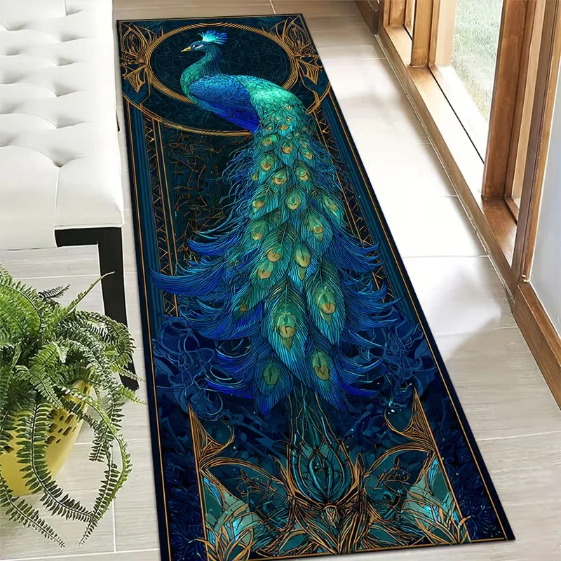 Luxurious Art Nouveau Peacock Runner Rug Elegant Long Floor Mat Exotic Art Deco Inspired Soft Absorbent Carpet for Hallway