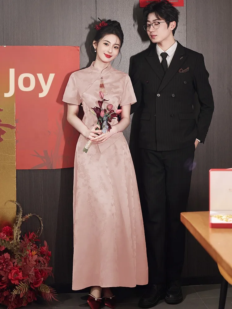 

Pink Wedding Qipao Set New Chinese Sle Return Home Ceremony Dr Wedding Reception Evening Gown A-Line Skirt ort Sve