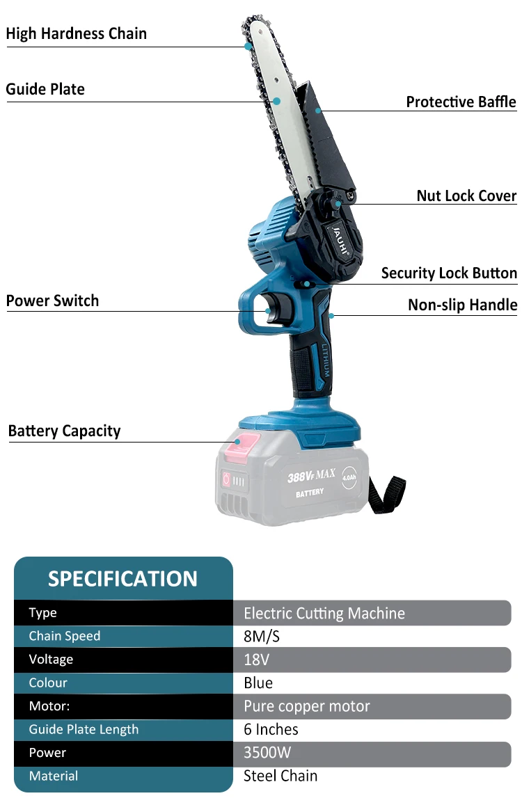 6inch Electric Chainsaw Rechargeable Small Wood Spliting Cordless Chain Saw One-handed Woodworking Tool for Garden Tools