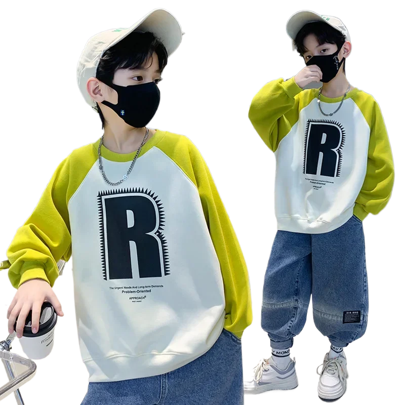 

Spring Autumn Boys Cotton Loose Contrast Alphabet Basic Sweatshirt School Kids Track Pullover Tops Child Workout Jumper 5-16Yrs