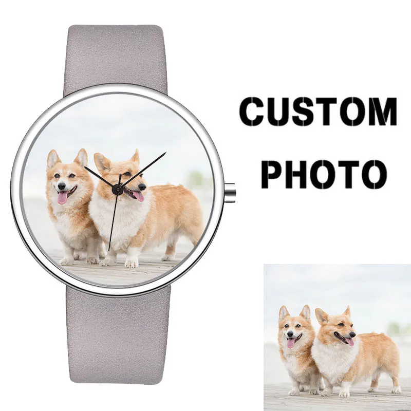 

Create Your Own Watch Japanese Quartz Movt Grey Genuine Leather Strap Animal Photo Printing Watch Dog Cat Picture Custom Watch