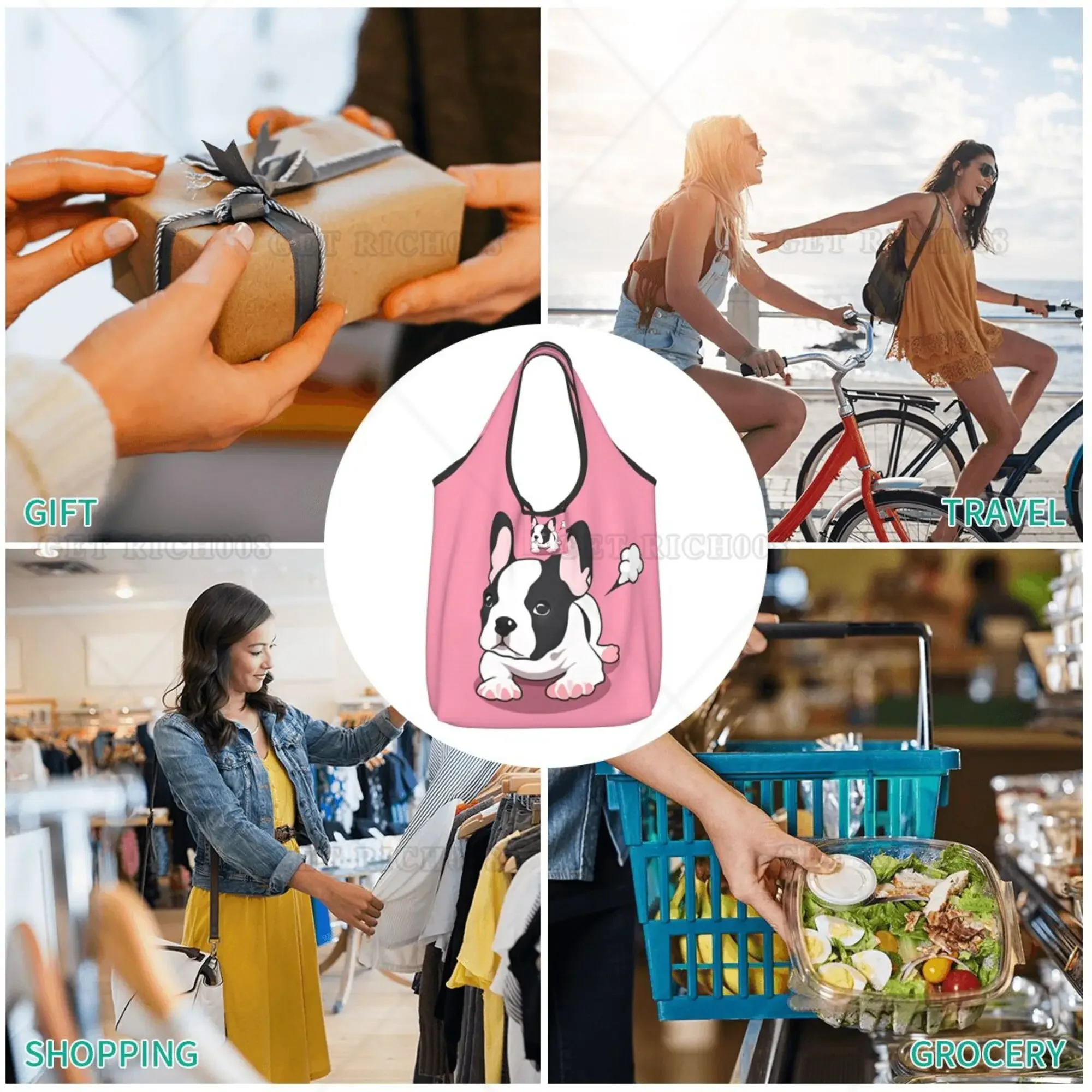 Bolsa de compras dobrável fofa buldogue rosa sacolas para supermercado mulheres homens sem zíper moda tamanho único bolsa de compras reutilizável