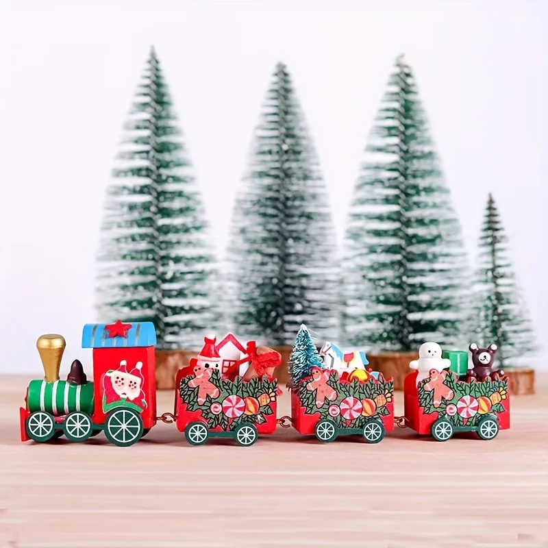 Classic Wooden Christmas Train Set with Snowman Santa Claus Gingerbread Man Xmas Tree for Christmas Tabletop Decor Pretend Play