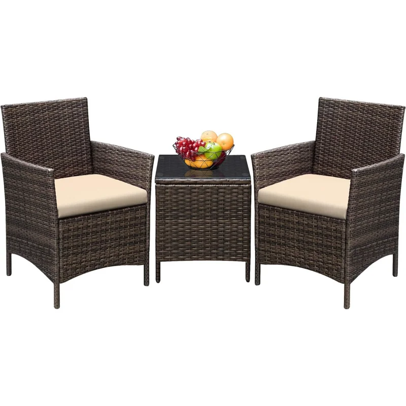 

Qgreesum 3 pieces patio furniture sets outdoor PE rattan wicker chairs with soft cushion and glass coffee table for garden Backy