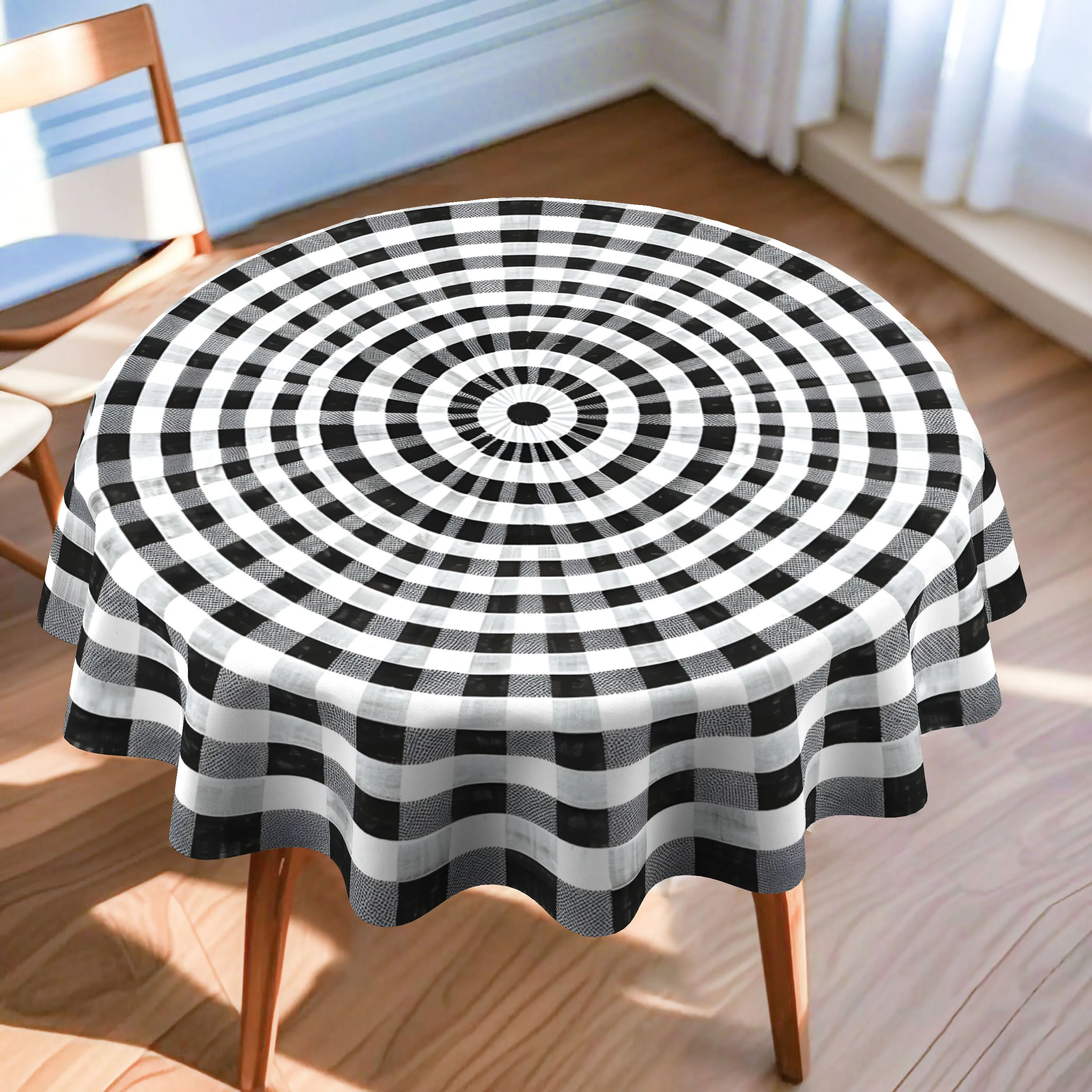 Round tablecloth, black and white spiral pattern printed tablecloth. 2D flat printing, suitable for all four seasons and durable