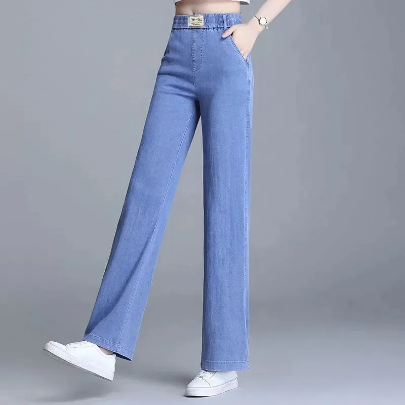 

Джинсы из ледяного шелка 2025, женские летние тонкие синие джинсовые широкие брюки, новые эластичные прямые брюки с высокой талией, женские брюки