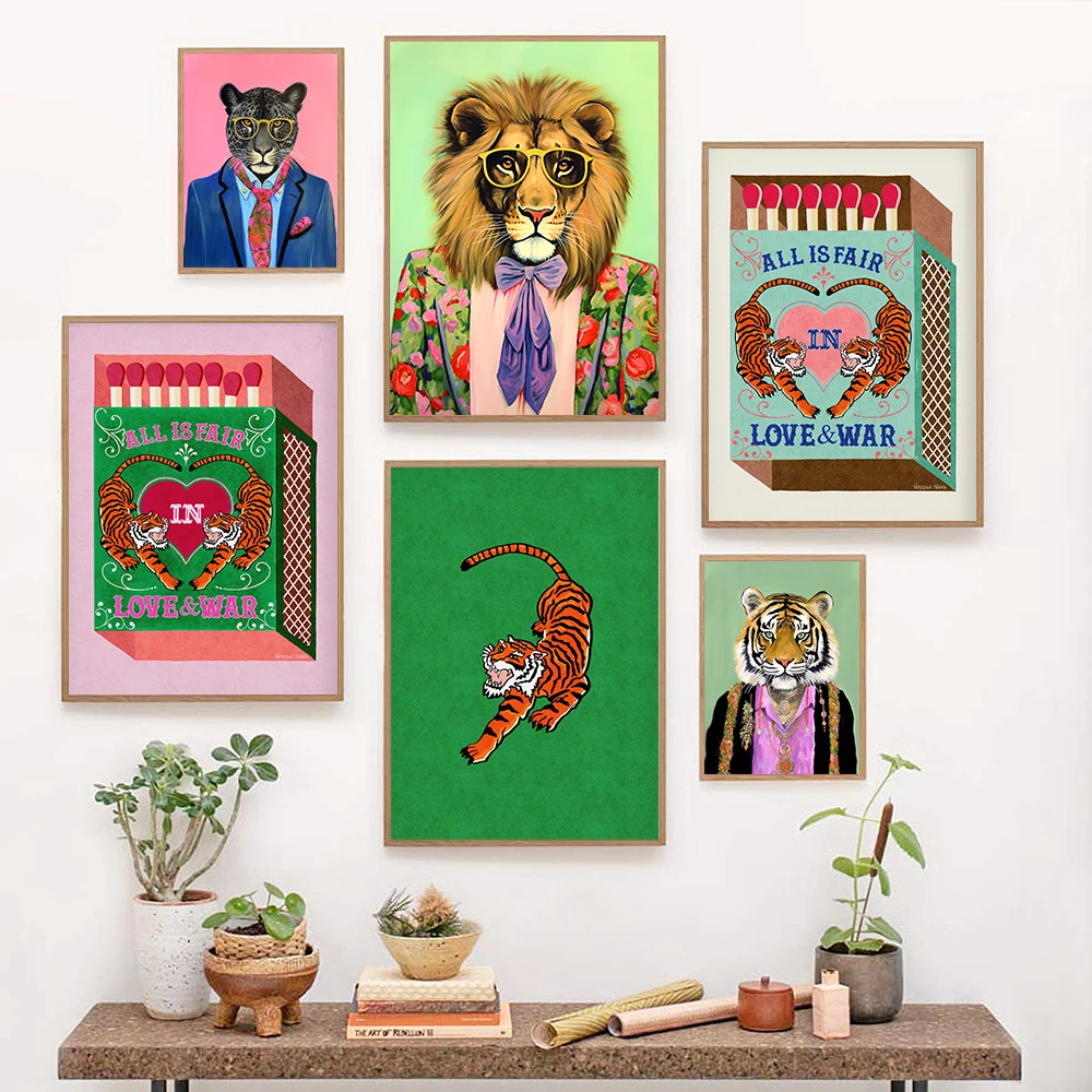

Bengal Tiger Fashion Retro Art Wall Poster Print Matchbox Stamp Vintage Fashion Animal Dress Up Canvas Painting Room Home Decor