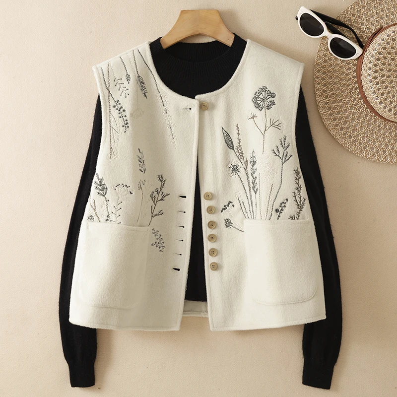 Spring Autumn Winter New Style Woolen Embroidered Vest Women's round Neck Single Button Outerwear Short Thin Top