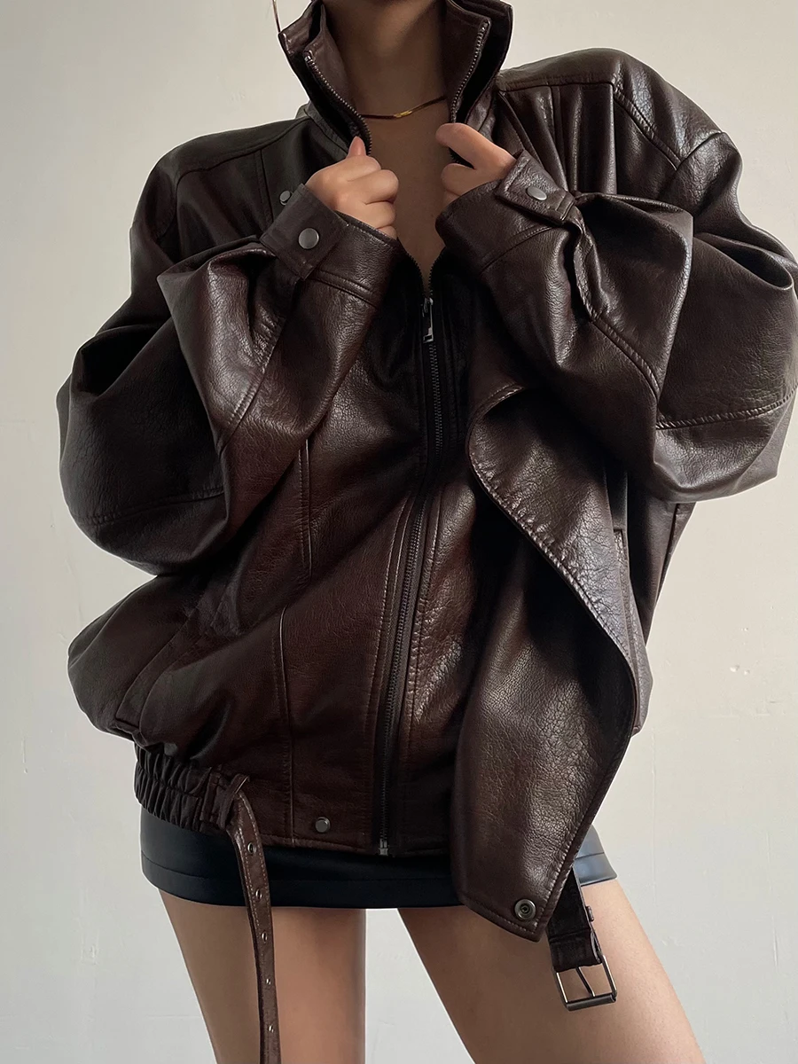 Acupstudio jiangyou superior americano retro gola dupla grande marca de couro jaet feminino solto outerwear outono high-end sentir