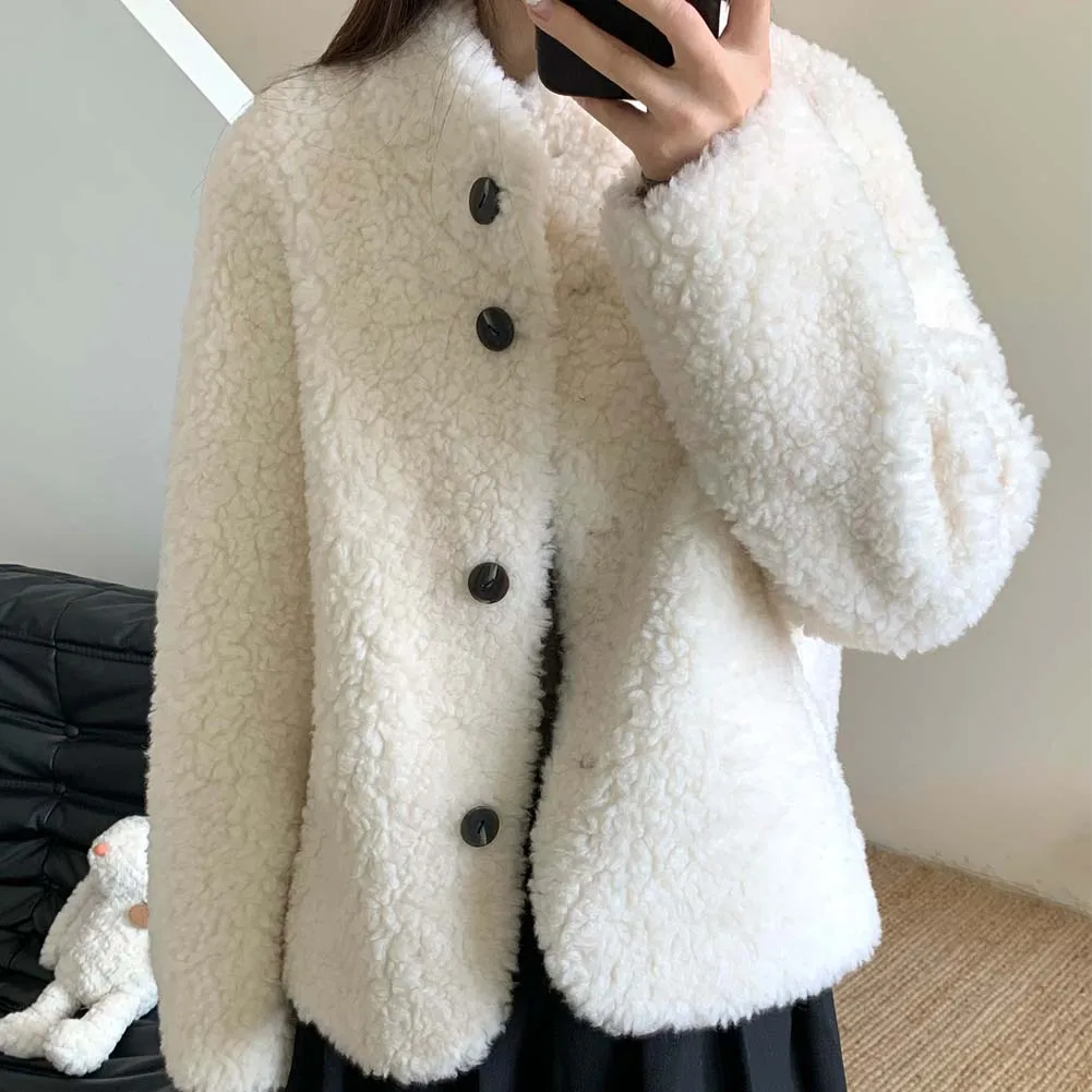 معاطف فرو صوف الضأن الكورية للنساء بأكمام طويلة سترة عتيقة لخريف وشتاء كل مباراة سميكة ودافئة ملابس خارجية Preppy