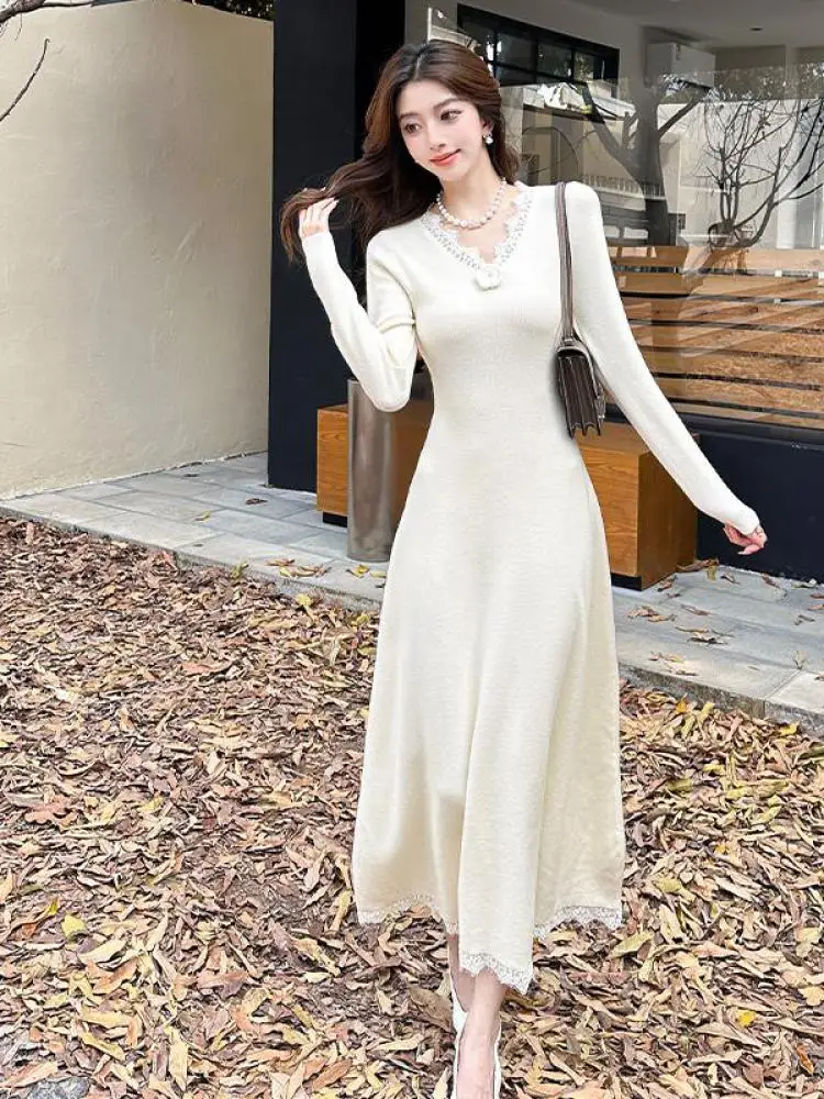 

Autumn Winter Ladies Black Beige Patchwork Lace Knitted Dress Women Vintage Grey Elegant V-neck Long Sleeves Evening Party Dress