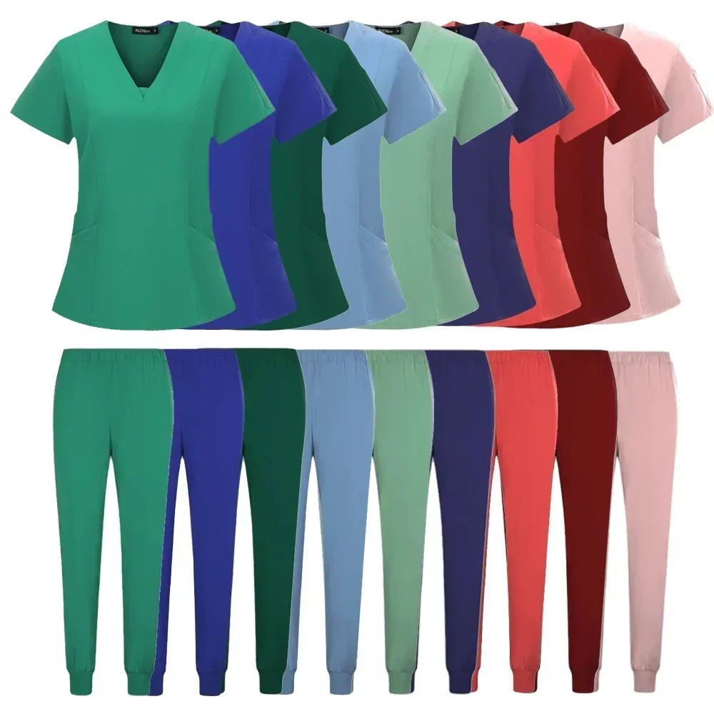 Nieuwe Scrubs Set Medische Uniformen Stretch Scrub Tops Met Zak Broek Verpleegkundige Uniform Arts Chirurgie Overalls Schoonheidssalon Werkkleding