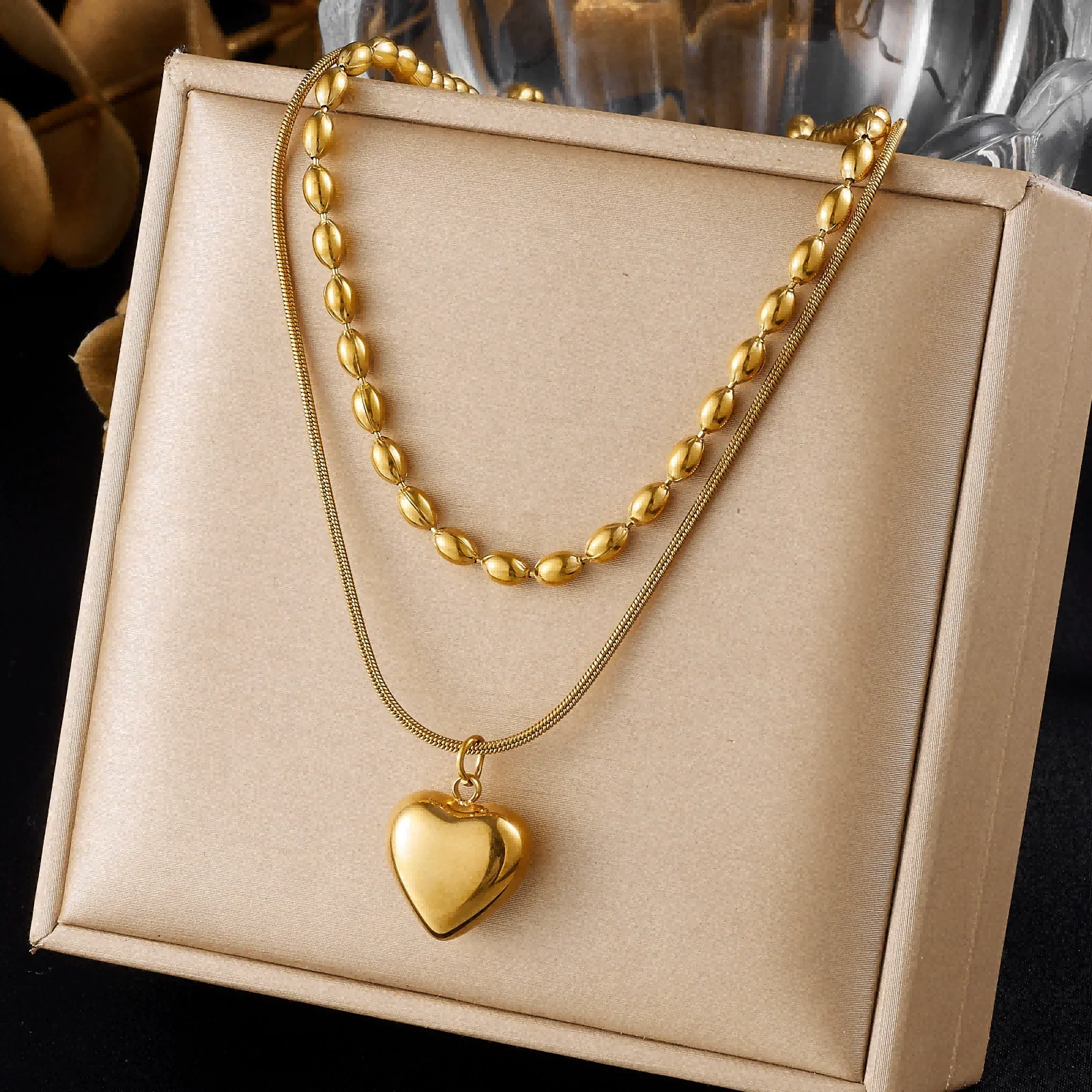 

18K Gold Plated Double Layer Heart Necklace 316L Stainless Steel Rice Bead Snake Chain Minimalist Women Jewelry Daily Gift