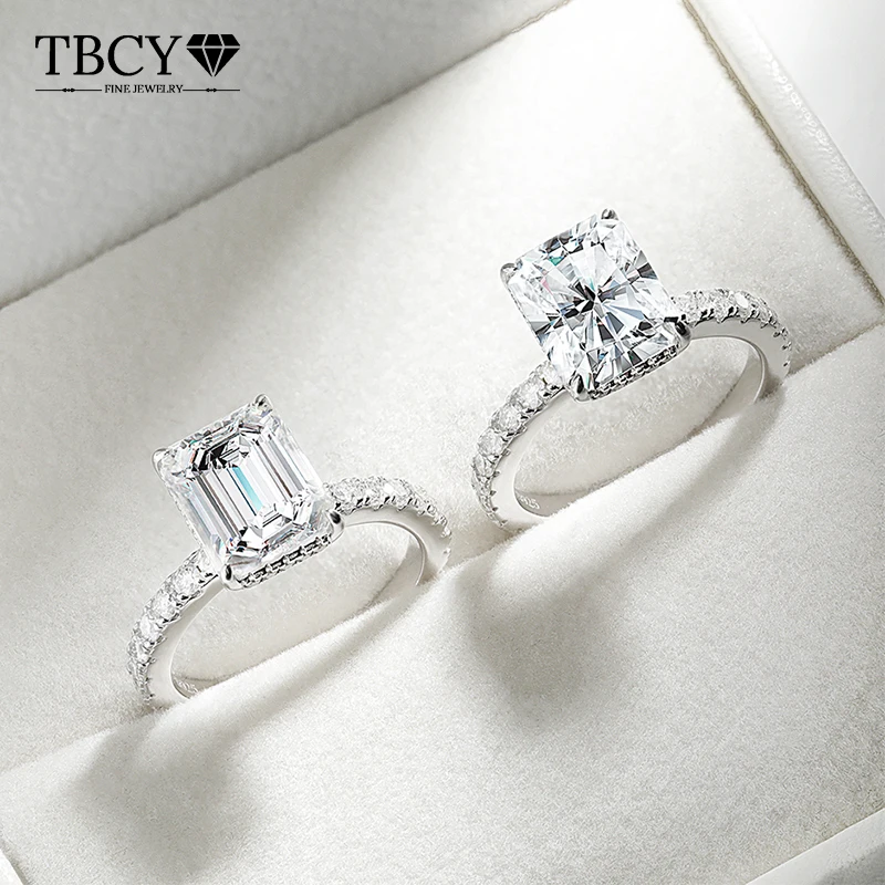 TBCYD 8*10MM D Color Real Full Moissanite Emerald/Radian Cut Rings S925 Silver For Women Wedding Party Sparkling Fine Jewelry