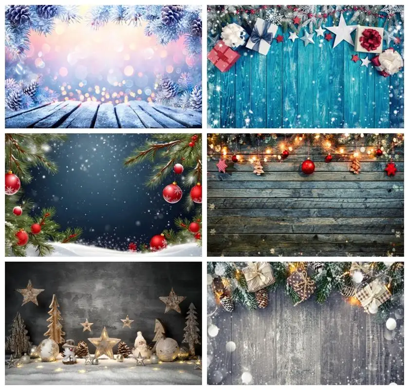 Laeacco Christmas Wood Wall Backdrop Winter Snow Wooden Board Pine Branches Lights New Year Family Party Photography Background