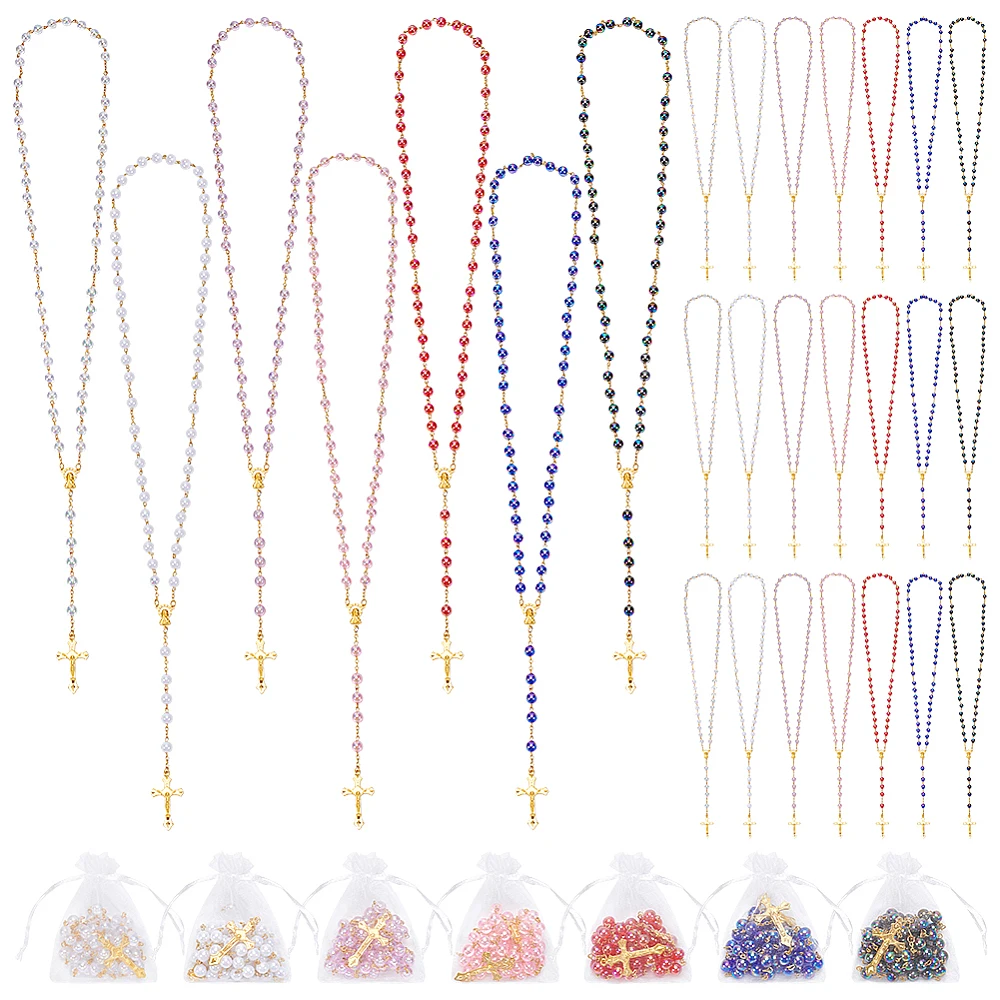 42Pcs Pearl Rosary Beads Bulk 31.9 Inch Plastic Rosary Necklace Virgin Pendant Necklaces Baptism Favors for Easter Communion