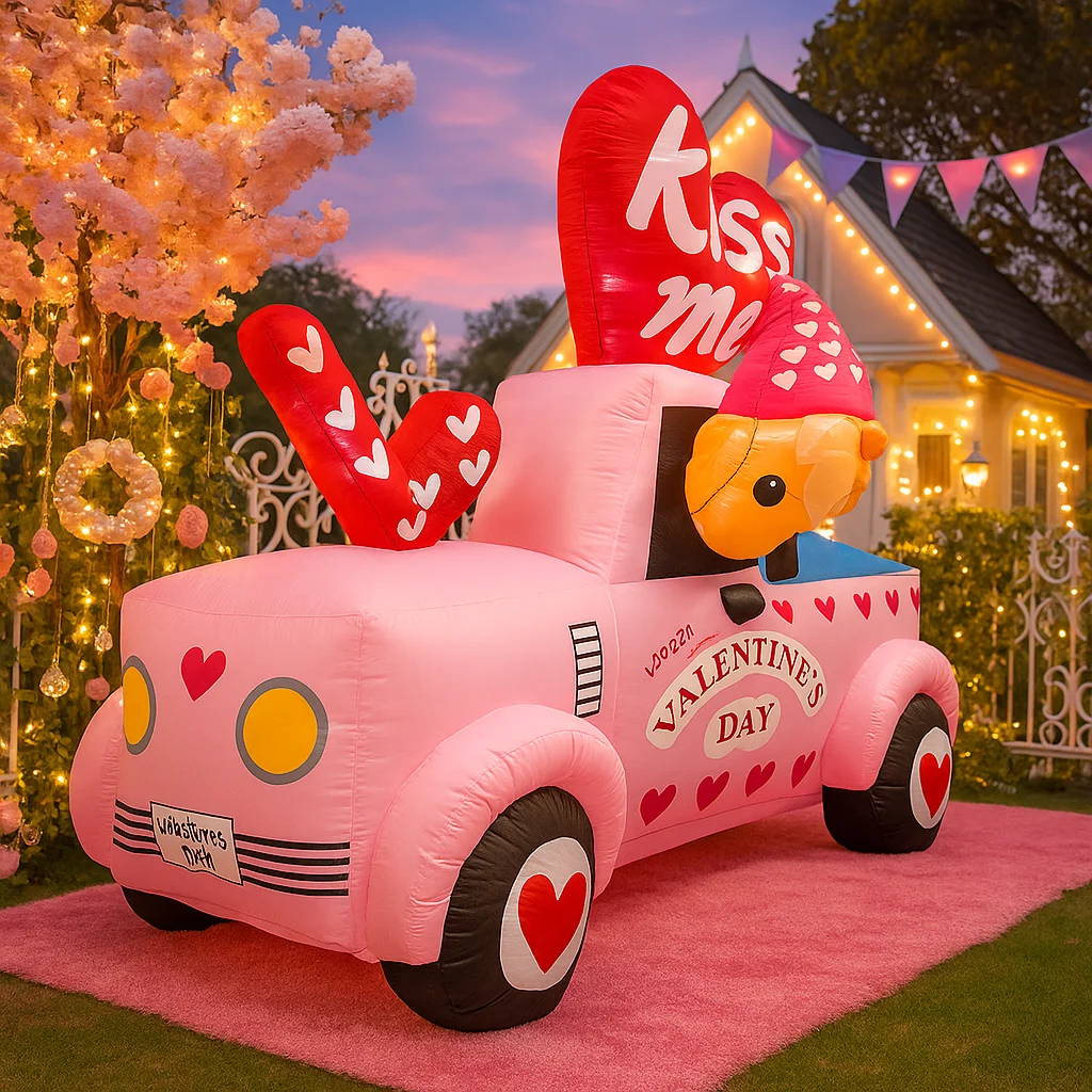 6FT Valentines Day Inflatable Pink Car Decoration Heart Pattern Kiss Me Balloon Romantic Love Themed Yard Garden Party Decor