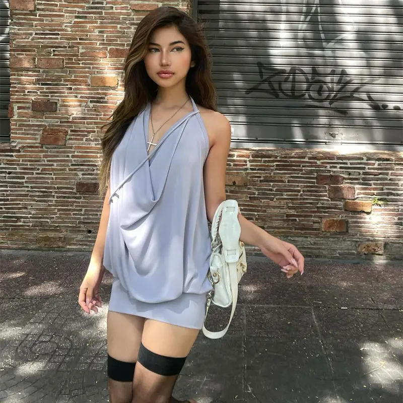 

2024 Retro Design Feel Lazy Style Hanging Neck Dress Women's Summer Sexy Swinging Neck Large Open Backpack Hip Dress