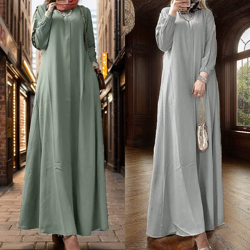 Loose Casual Cotton Linen Dresses for Women Long-sleeved Round Neck Vintage Simple Solid Colour Female Holiday Beach Long Dress