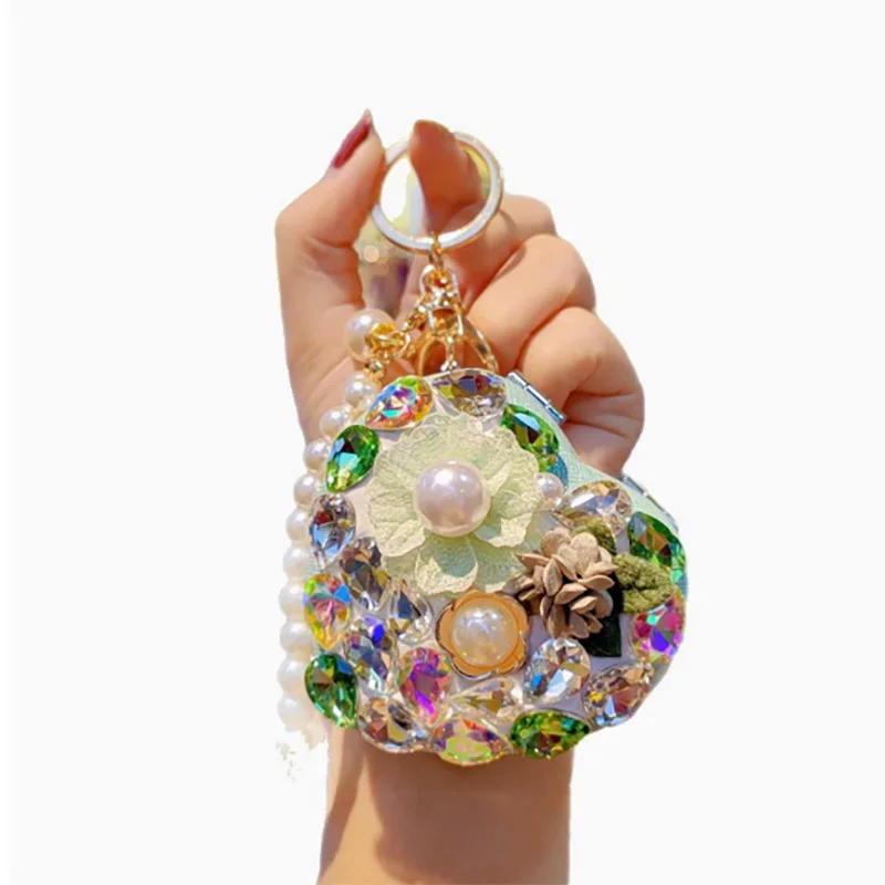 Portable Two-side Fold Makeup Mirror Bling Diamond Pearl Chain Key Ring Pocket Mirror Handheld Vanity Glass Bag Charm Gift