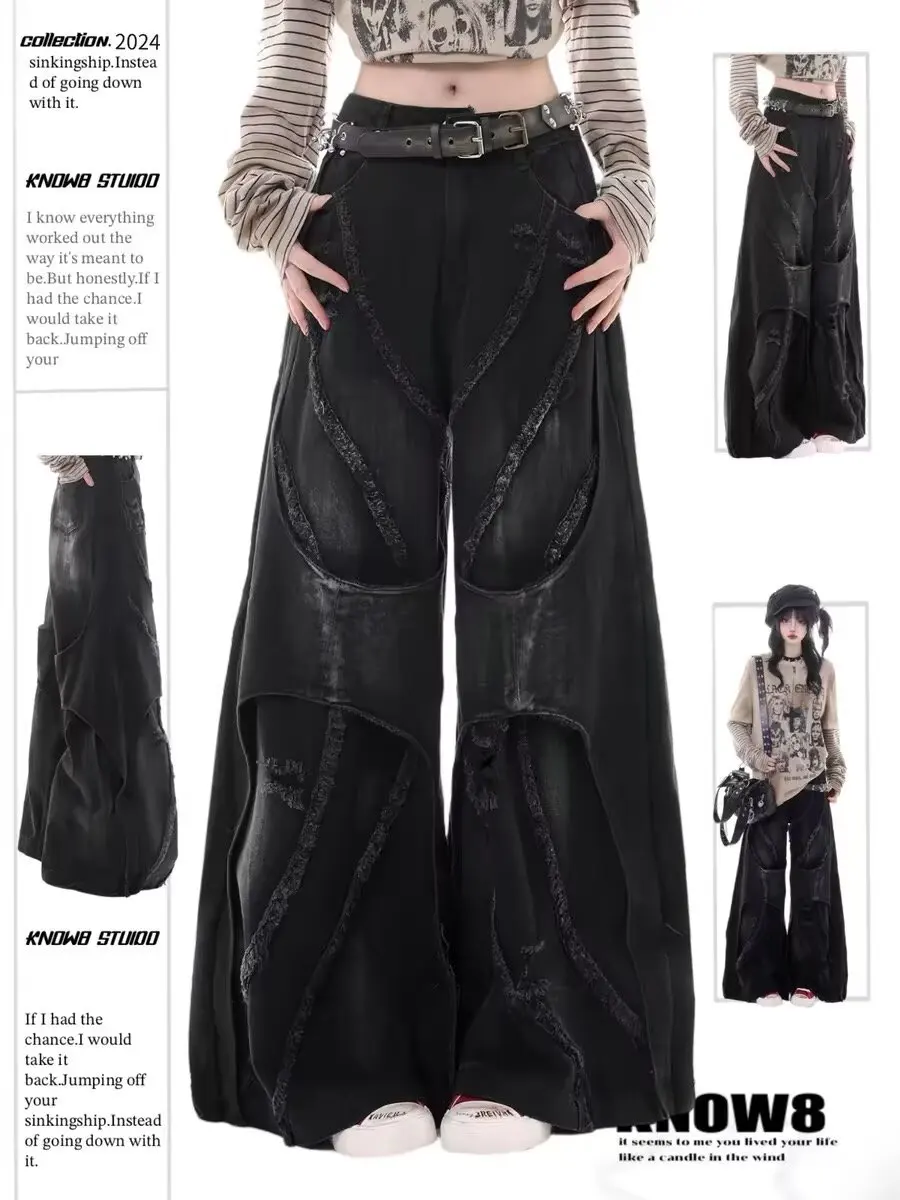 Women's Double Layered Spliced Wide Legs Jeans Sweatpants Casual Pants Male High Waist Y2k Cool Hip Hop Denim Trousers