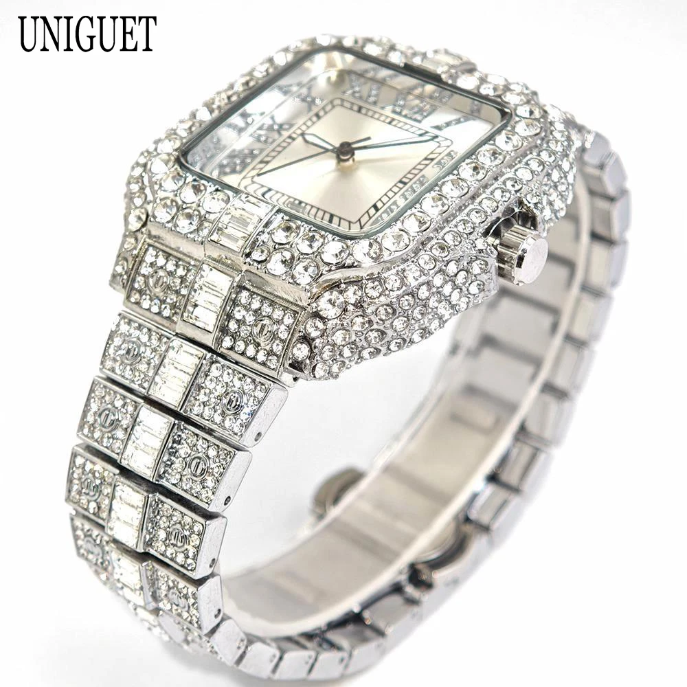 UNIGUET Square Watch For Men Fashion Iced Out Quartz Watches Man's Hip Hop Diamond Jewelry Wrist Watch Rock Boy Reloj Hombre