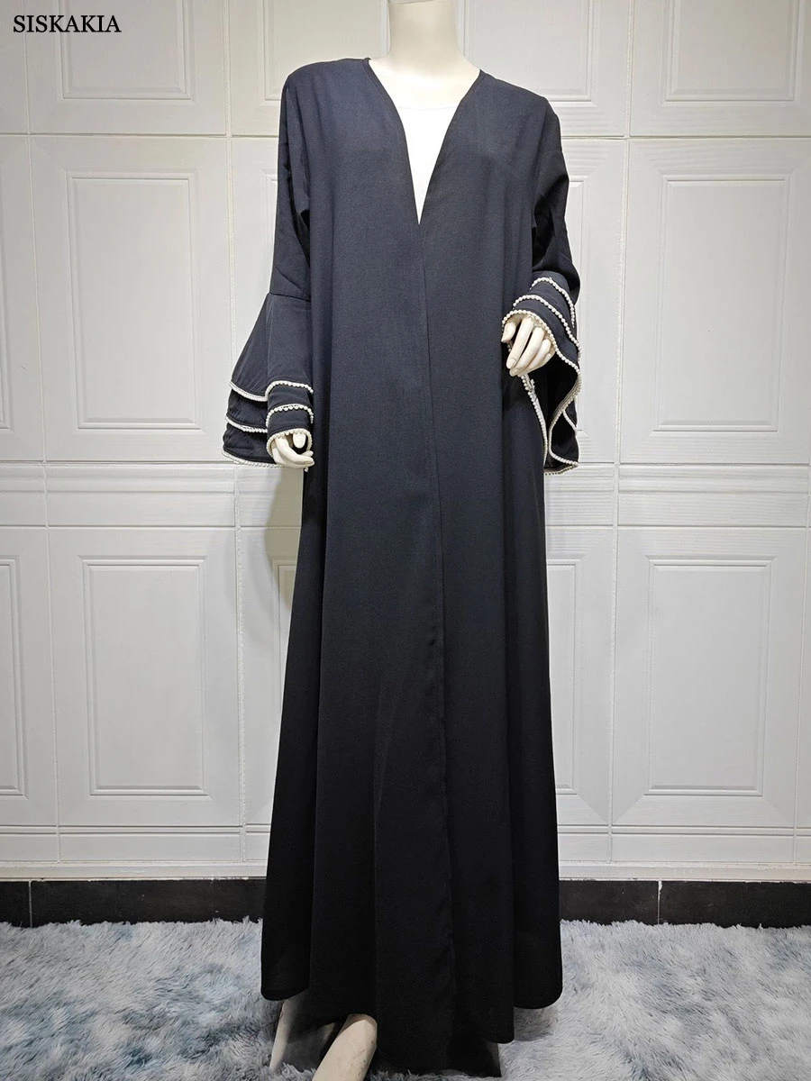 Siskakia Flare Sleeve Abaya Dubai Luxury Open Robe For Muslim Woman Stylish Marocain Femme Galabia Beading Clothing 2024