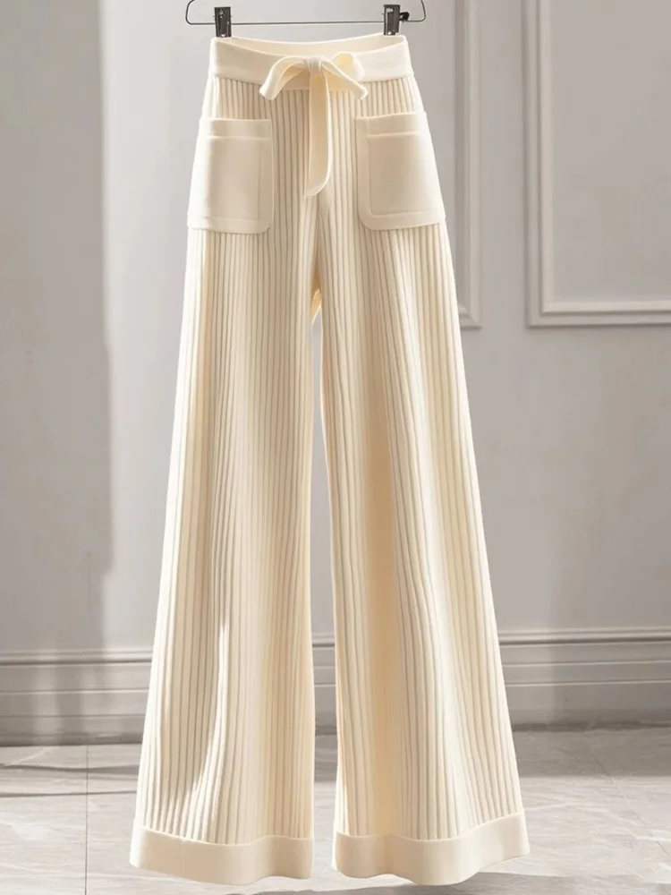Pantaloni eleganti in maglia dolce da donna tasche larghe alla moda pantaloni a vita alta casual da donna autunno inverno pantaloni chic a gamba larga con lacci