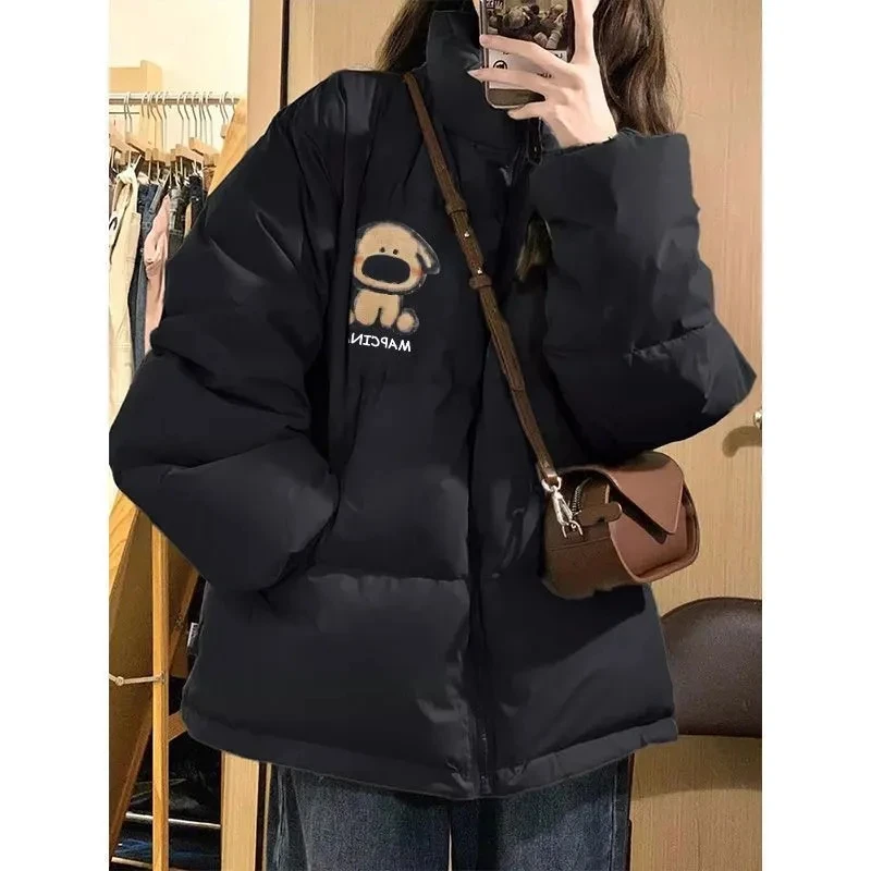 American Cartoon Versatile Printed Zipper Thick Cotton Jacket For Women Loose Winter New Lazy Style Warm Stand Up Collar Jacket