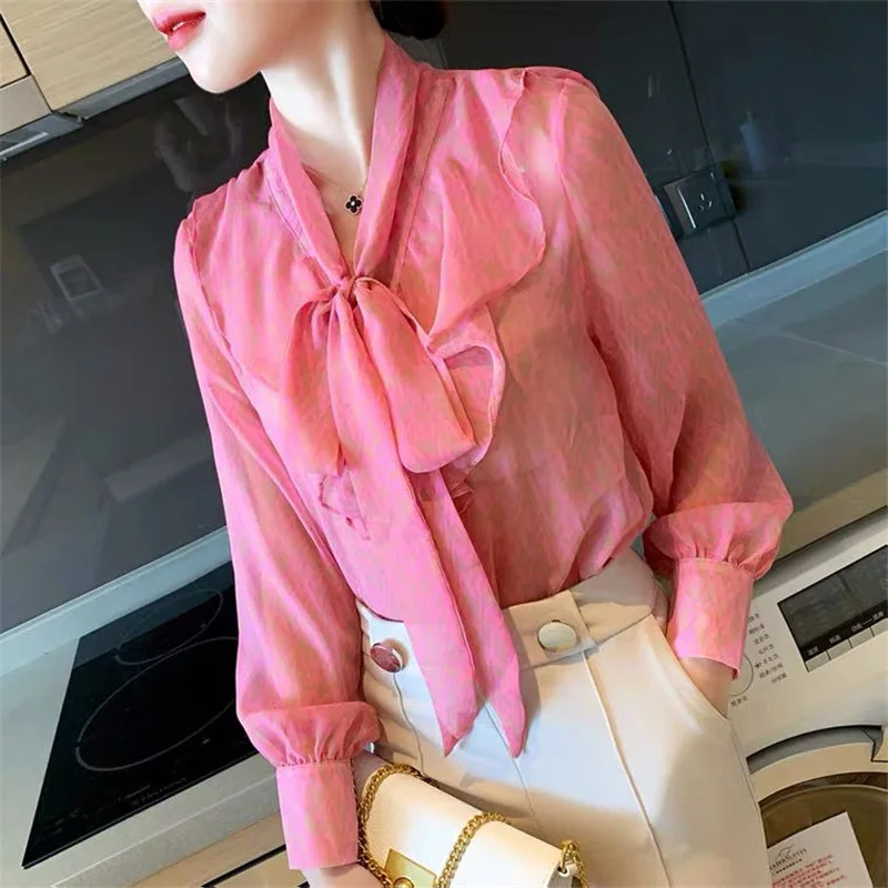 Women\'s Elegant Ruffle Bow Lace Up Sweet Chic Shirts 2023 Spring Autumn Korean Fashion Print Long Sleeve Slim Top Blouse Blusas