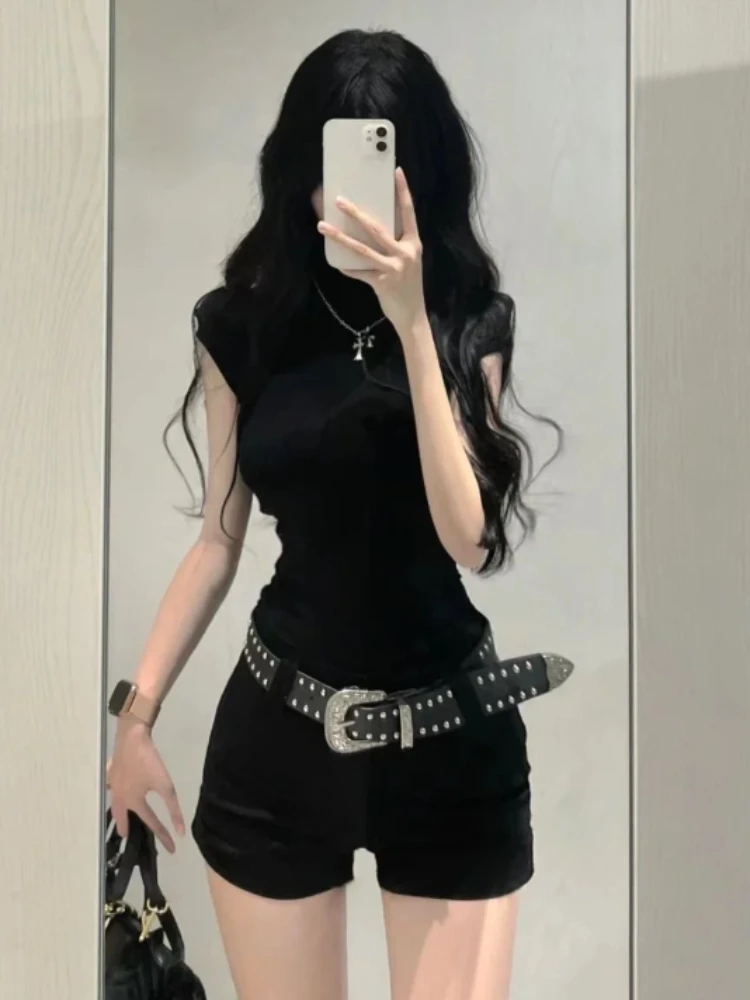 Summer Y2k Slim Solid Short Sleeve 2 Piece Set Women Aesthetic Hot Chick Skinny O Neck Tops Female + High Waist Short Pants 2024