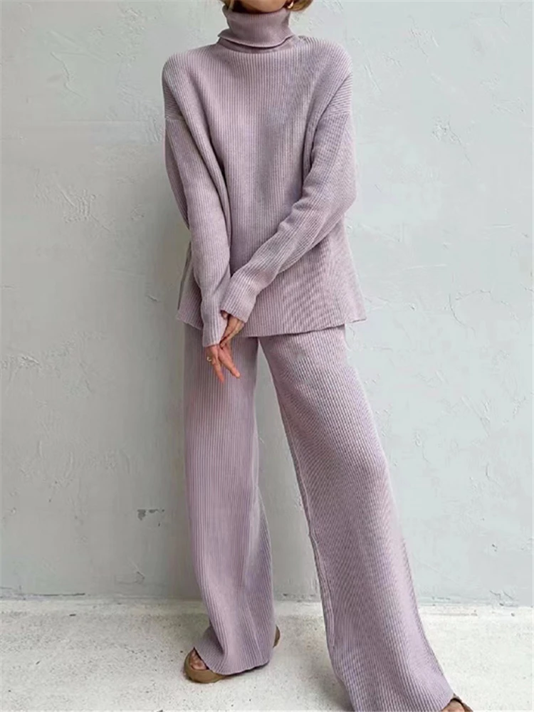 Autumn Winter 2 Pieces Women Sets Knitted Tracksuit Turtleneck Sweater and Wide Leg Jogging Pants Pullover Suit 2022 New