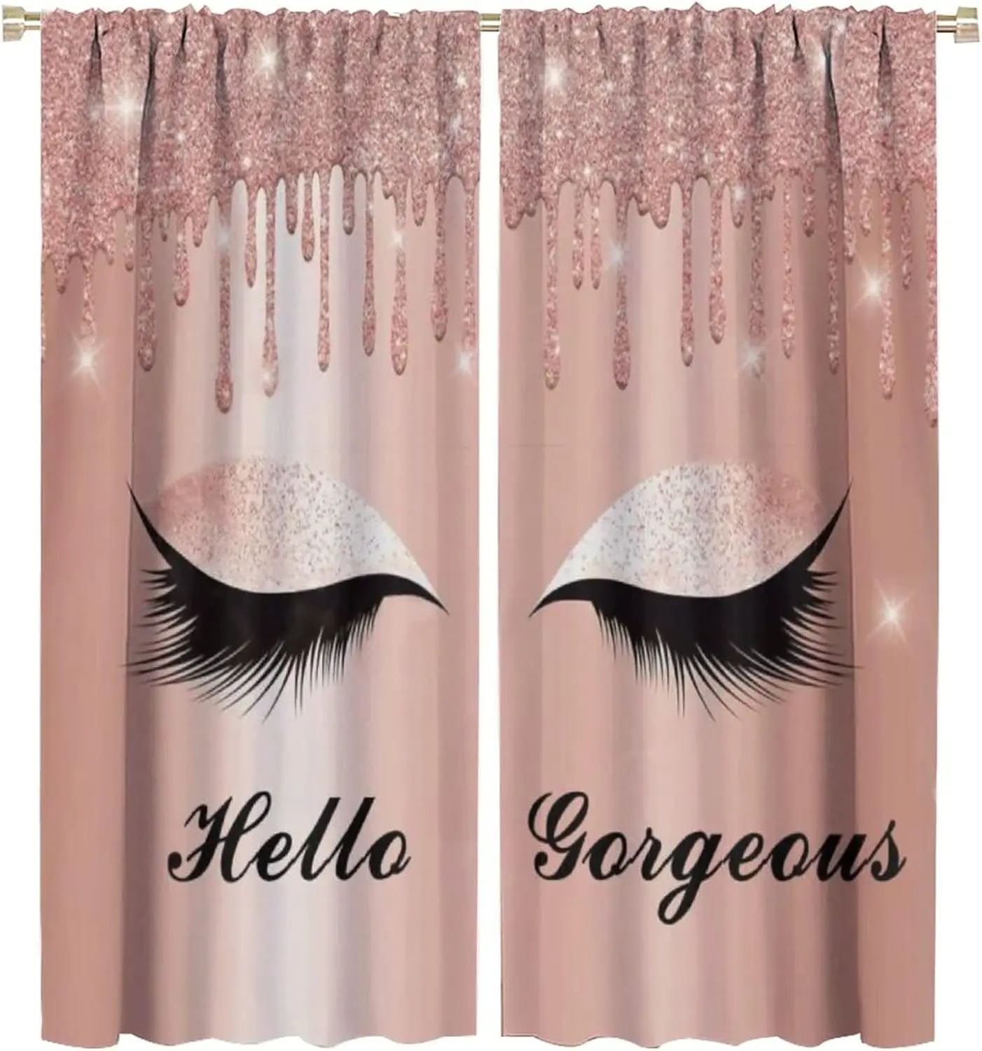 Pretty Eyelash Blackout Window Curtains, Spark Rose Gold Drips Hello Gorgeous Eyelash Print Windows Door Curtain for Bedroom