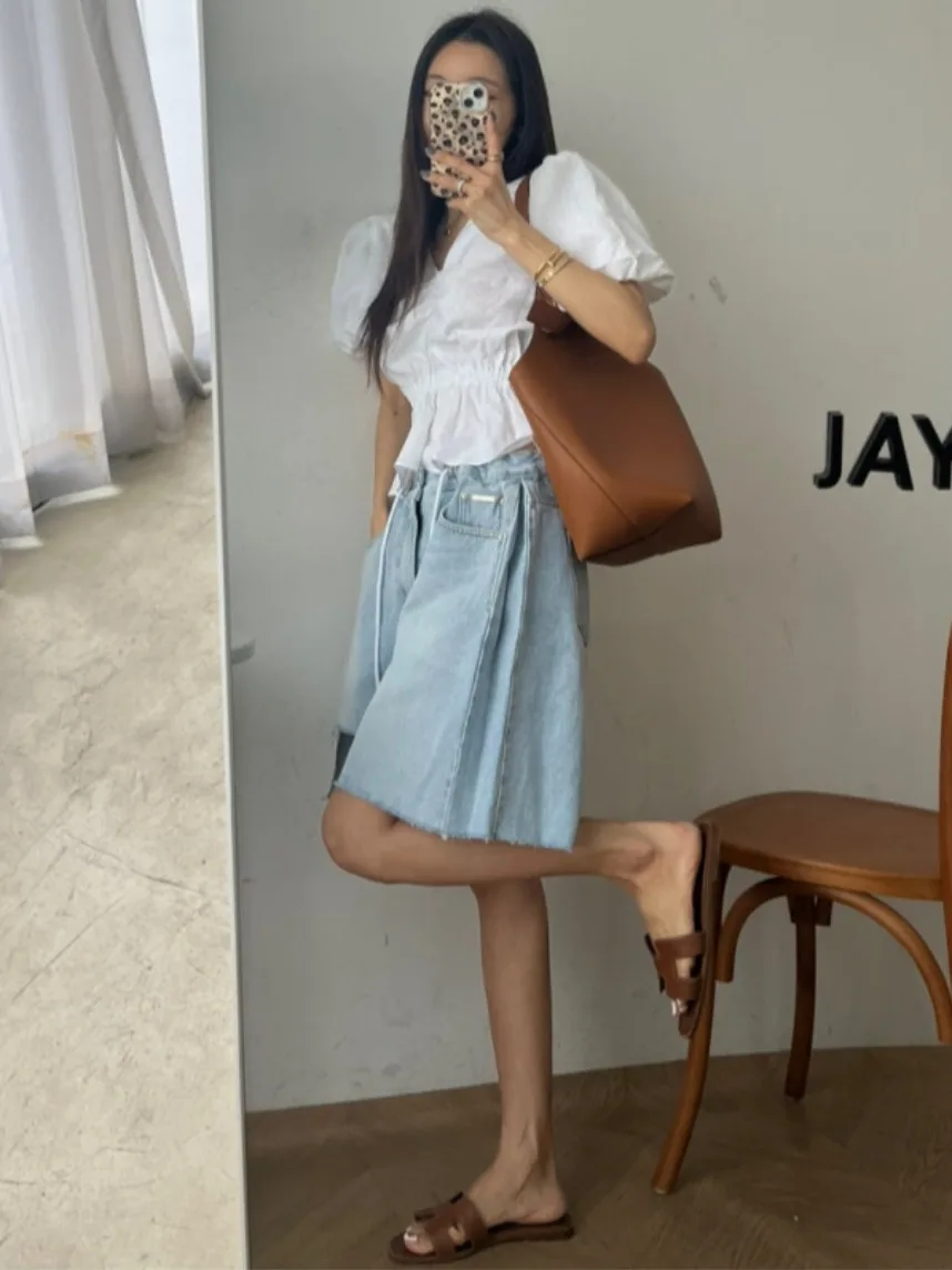 

Retro Waed Uneven Cut Denim orts Women Summer Loose Frayed Wide Leg mid Pants Five Parts Pants