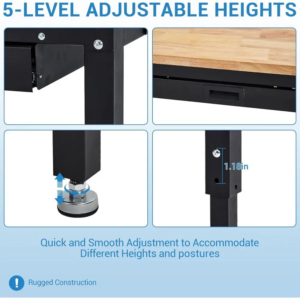 60 Inch Adjustable Work Table, 3000 Lbs acity Rubber Wood Tabletop Workbench, Heavy Duty Work Bench Table with 2 Ders & Pegboard