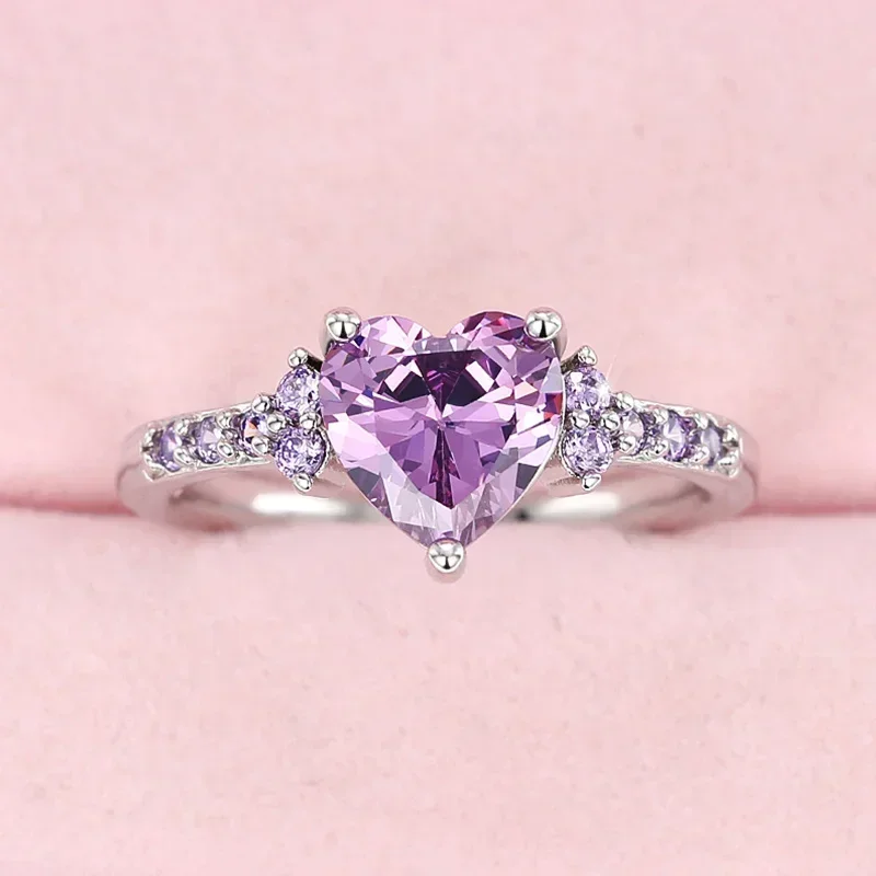 Charming Heart Purple Cubic Zirconia Rings for Women Romantic Wedding Ceremony Party Bridal Accessory New Trendy Jewelry