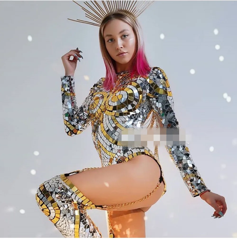 Silver Mirror Bodysuit Women Drag Queen Outfit Nightclub Gogo Stage Costume Carnival Halloween Clothes Party Show Wear yj074
