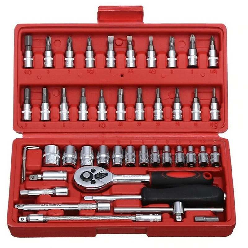 

46-Piece Socket Wrench Set Ratchet Sets Mechanic Tools Kit Bit Sockets For Automotive Repair & Household 1/4-Inch Drive