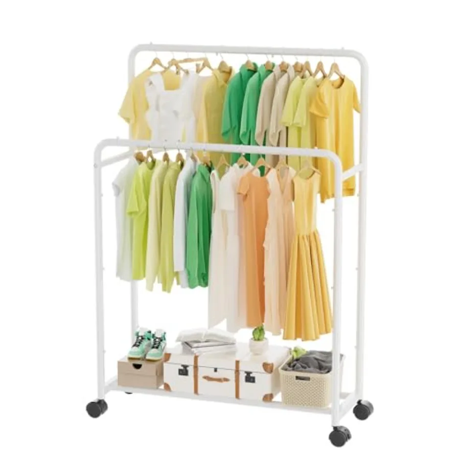 

Clothing Clothes Rack Double Rods with Wheels, Rolling Metal Garment Rack for Hanging
